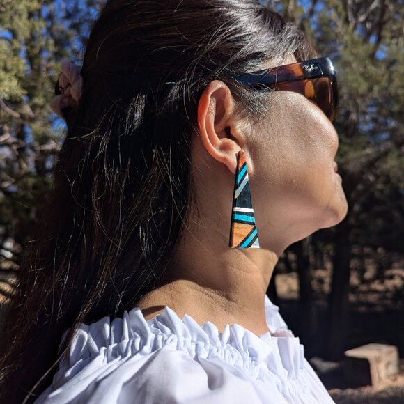 Native American Mosaic Dangle Earrings Handmade Inlay Jewelry Museum Quality** - Picture 6 of 10